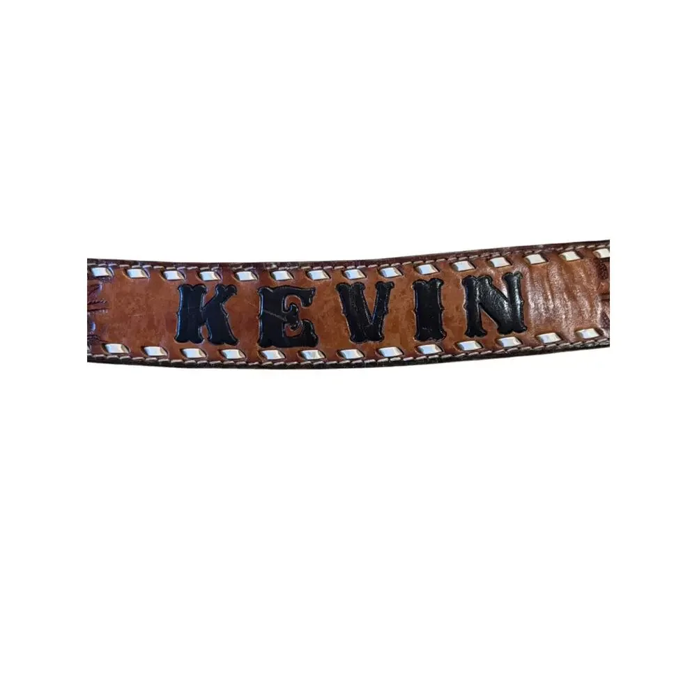 Vintage Hand-Tooled Brown Leather Belt with Kevin Size 30 (Belt Only no Buckle)